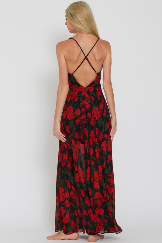 Cowl Neck Cross Back Floral Print Maxi Dress Black