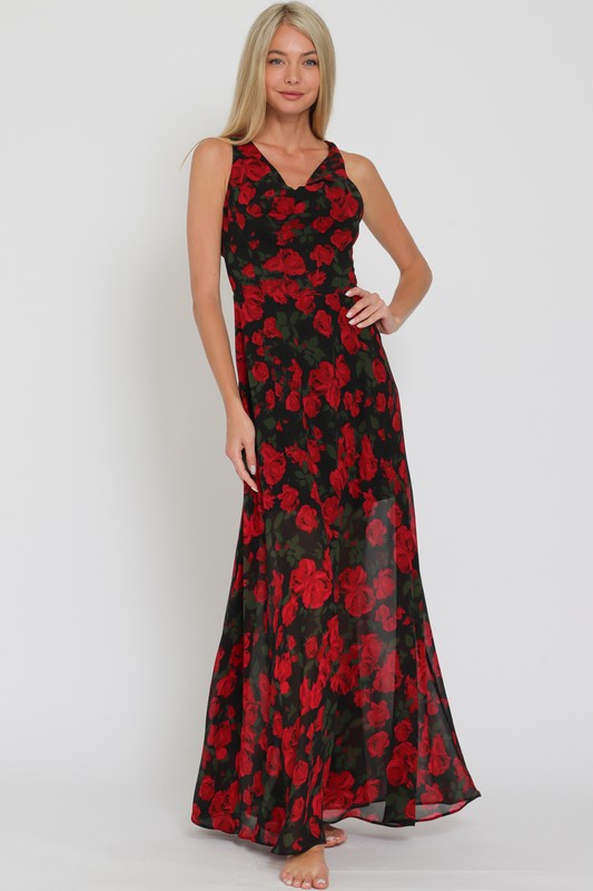 Cowl Neck Cross Back Floral Print Maxi Dress Black