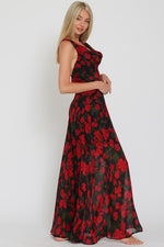 Cowl Neck Cross Back Floral Print Maxi Dress Black