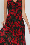 Cowl Neck Cross Back Floral Print Maxi Dress Black