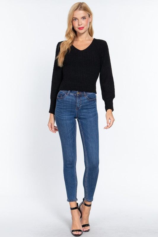 Long Puff Sleeves Ribbed Sweater Top Black