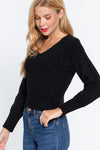 Long Puff Sleeves Ribbed Sweater Top Black