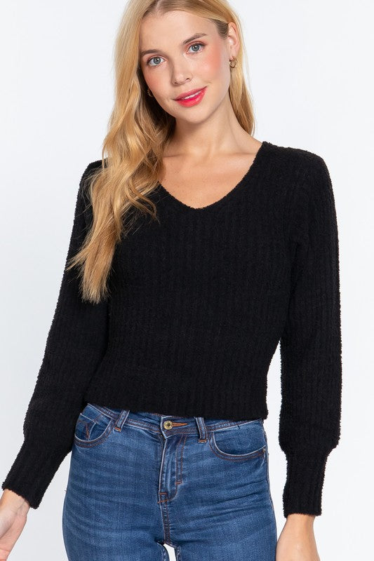 Long Puff Sleeves Ribbed Sweater Top Black