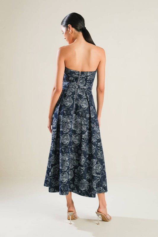  Sleeveless Floral Print Belted Denim Midi Dress Blue