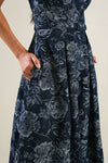  Sleeveless Floral Print Belted Denim Midi Dress Blue