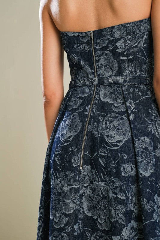  Sleeveless Floral Print Belted Denim Midi Dress Blue