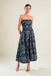  Sleeveless Floral Print Belted Denim Midi Dress Blue