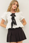 Waitlist 11/5 ♥ Marley Short Sleeve Bow Tie Bubble Babydoll Top White