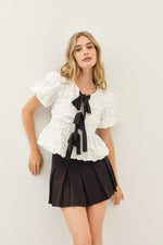 Waitlist 11/13 ♥ Marley Short Sleeve Bow Tie Bubble Babydoll Top White