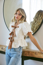 Waitlist 12/18 ♥ Marley Short Sleeve Bow Tie Bubble Babydoll Top Cream