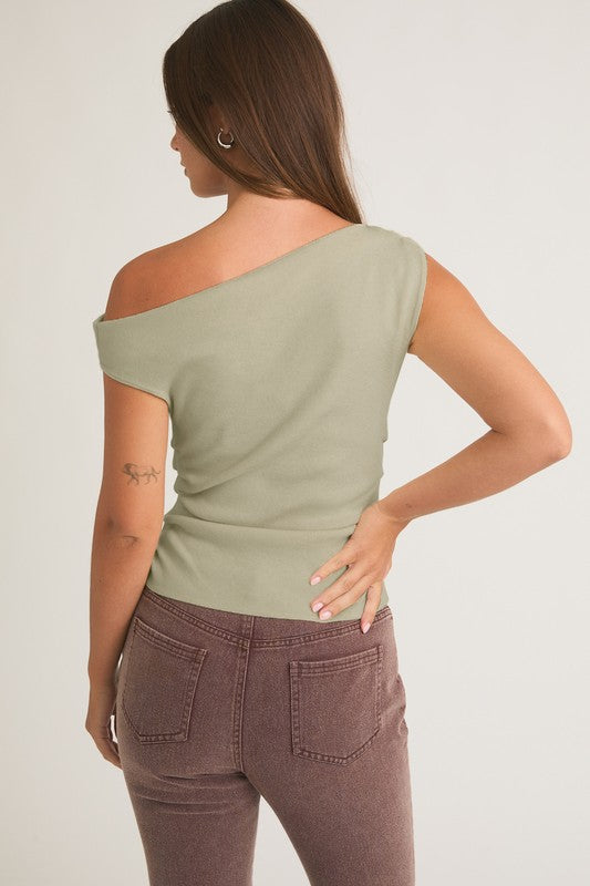 Sleeveless Asymmetrical Neckline Top Sage