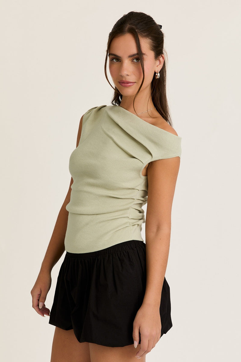 Ella Sleeveless Asymmetrical Neckline Top Sage