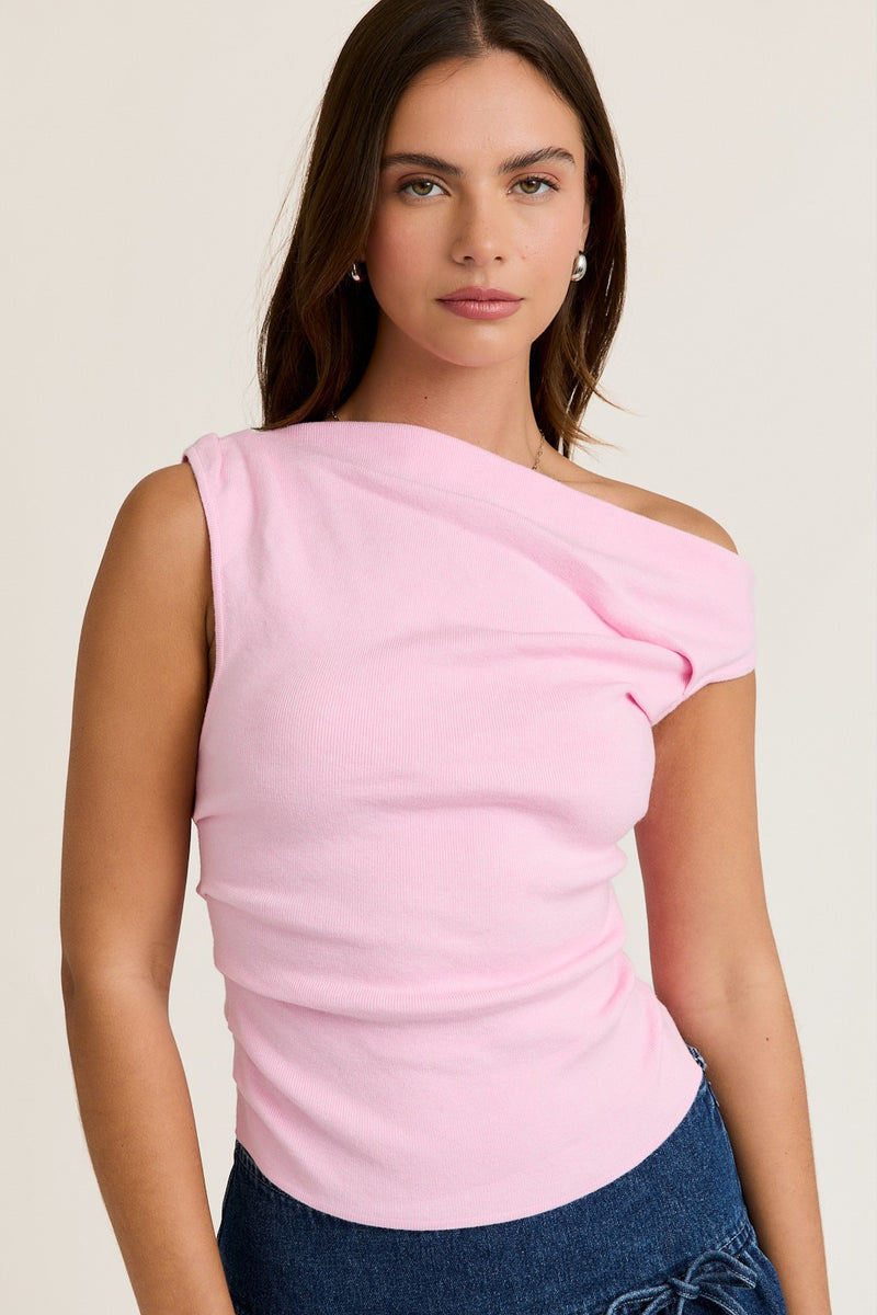 Ella Sleeveless Asymmetrical Neckline Top Pink