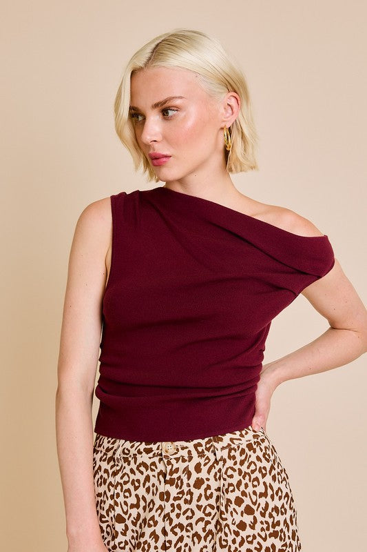 Sleeveless Asymmetrical Neckline Top Burgundy Info