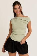 Ella Sleeveless Asymmetrical Neckline Top Sage