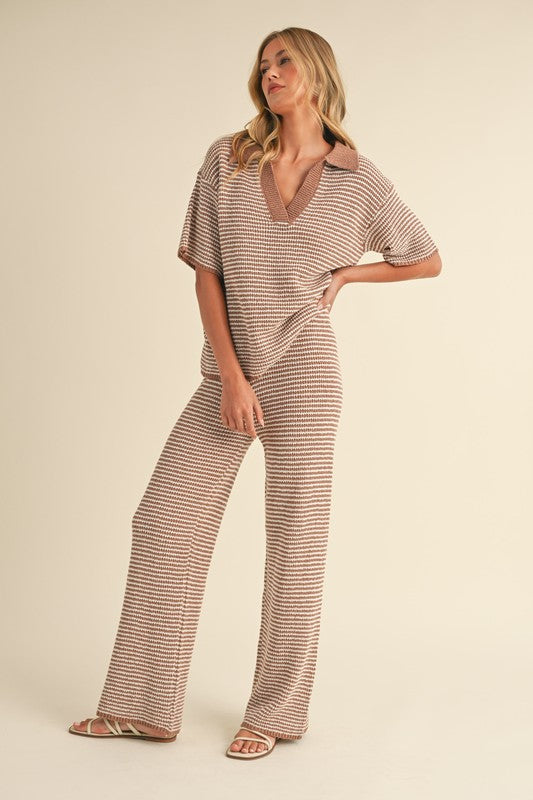 Short Sleeve Stripe Sweater Top And Pants Set