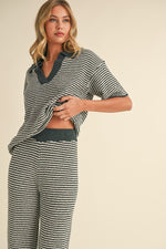 Short Sleeve Stripe Sweater Top And Pants Set Hunter Green