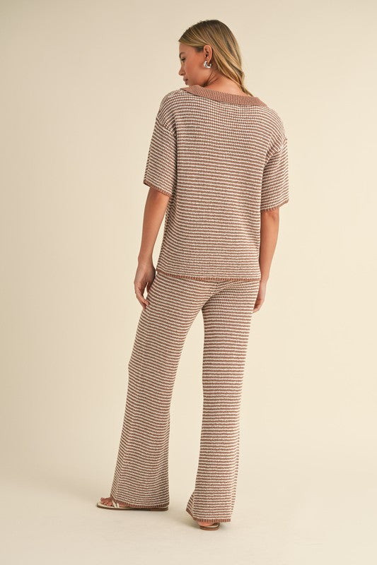 Short Sleeve Stripe Sweater Top And Pants Set