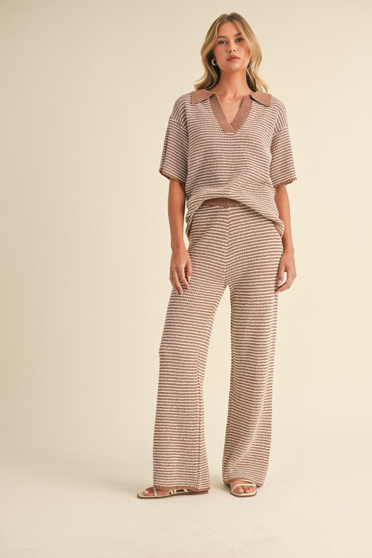 Short Sleeve Stripe Sweater Top And Pants Set