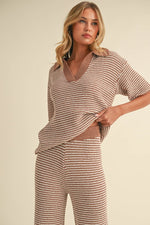 Short Sleeve Stripe Sweater Top And Pants Set