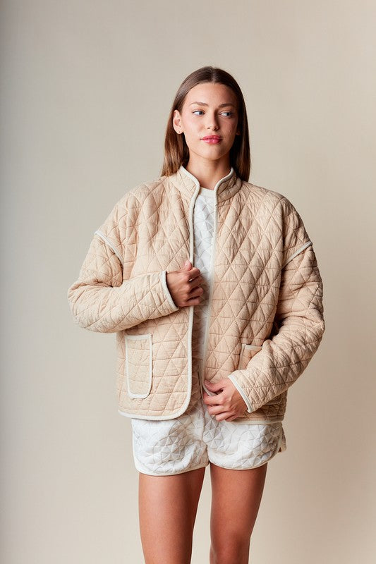  Long Sleeve Open Front Quilted Jacket Taupe