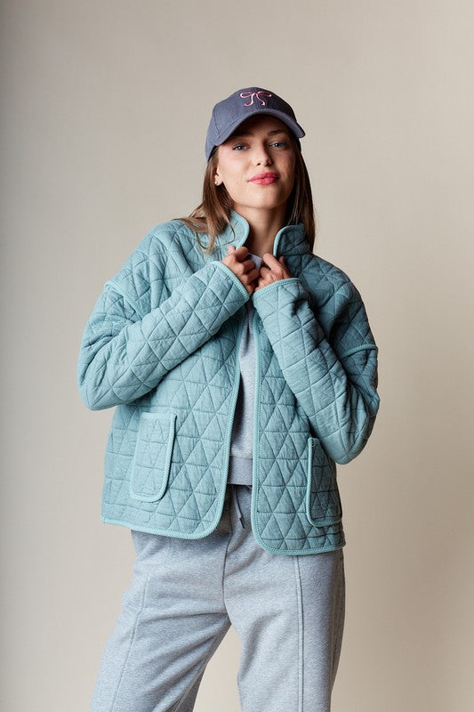 Long Sleeve Open Front Quilted Jacket Sage