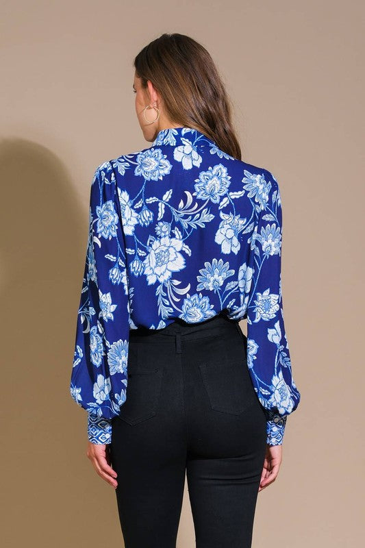  Long Sleeve Floral Print Button Down Top Navy