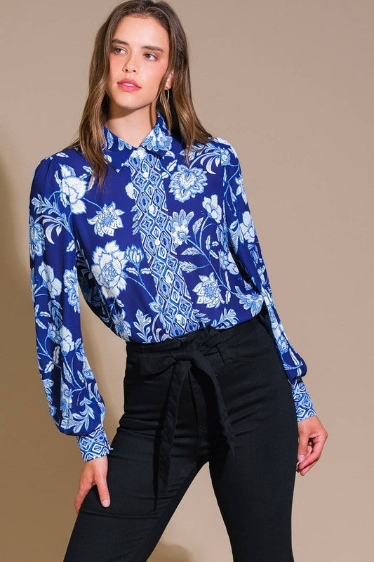  Long Sleeve Floral Print Button Down Top Navy