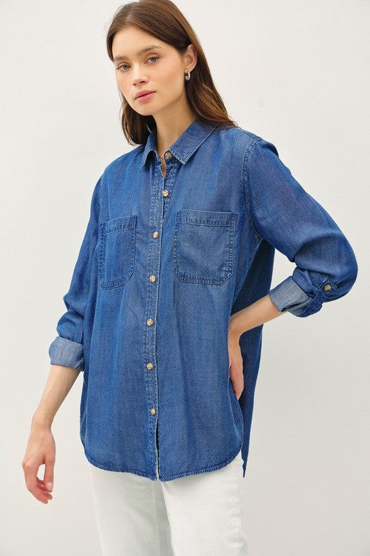 Long Sleeve Button Down Denim Top Dark Wash