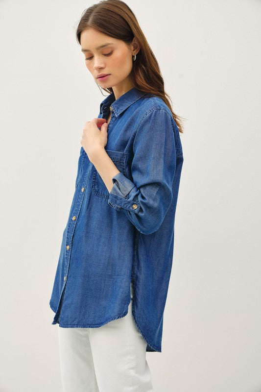 Long Sleeve Button Down Denim Top Dark Wash