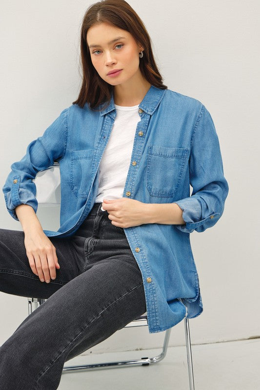  Long Sleeve Button Down Denim Top Medium Wash