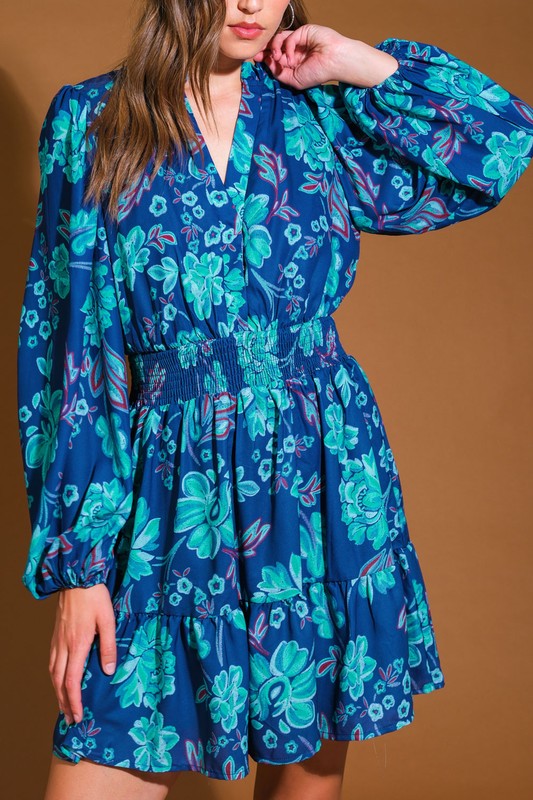 Long Sleeve Floral Print Mini Dress Navy