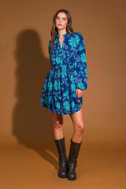 Long Sleeve Floral Print Mini Dress Navy