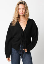 Long Sleeve Front Tie Cardigan Sweater Black