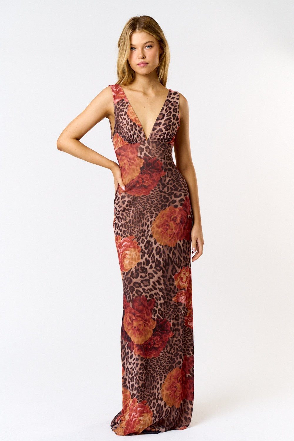  Sleeveless Leopard Floral Print Maxi Dress Brown