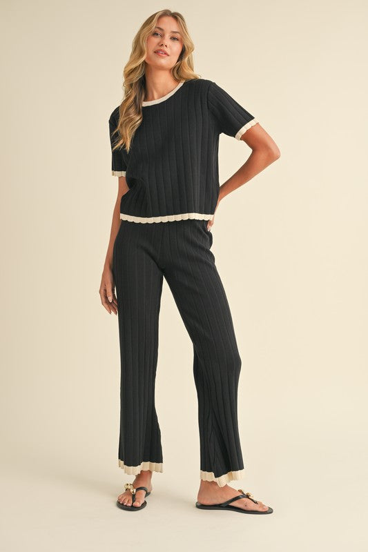 Short Sleeve Ribbed Sweater Top And Pants Set Black