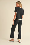 Short Sleeve Ribbed Sweater Top And Pants Set Black