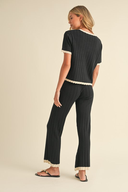 Short Sleeve Ribbed Sweater Top And Pants Set Black