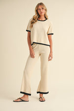 Short Sleeve Ribbed Sweater Top And Pants Set Cream