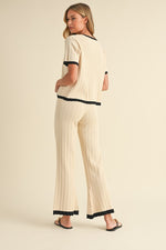 Short Sleeve Ribbed Sweater Top And Pants Set Cream