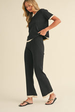 Short Sleeve Ribbed Sweater Top And Pants Set Black