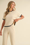 Short Sleeve Ribbed Sweater Top And Pants Set Cream