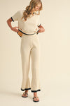 Short Sleeve Ribbed Sweater Top And Pants Set Cream