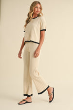 Short Sleeve Ribbed Sweater Top And Pants Set Cream