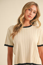 Short Sleeve Ribbed Sweater Top And Pants Set Cream