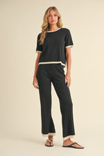 Short Sleeve Ribbed Sweater Top And Pants Set Black