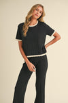 Short Sleeve Ribbed Sweater Top And Pants Set Black