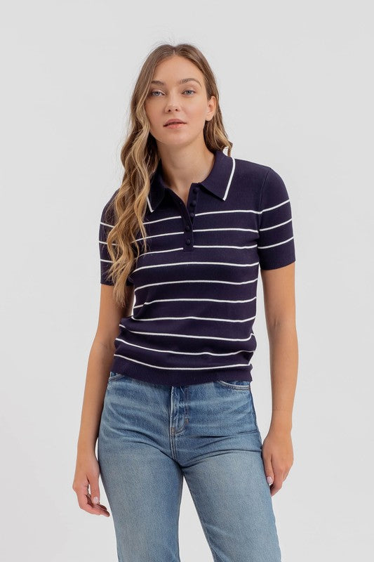 Short Sleeve Stripe Print Knit Top Navy