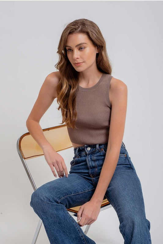 Sleeveless Ribbed Knit Cropped Sweater Top Mocha