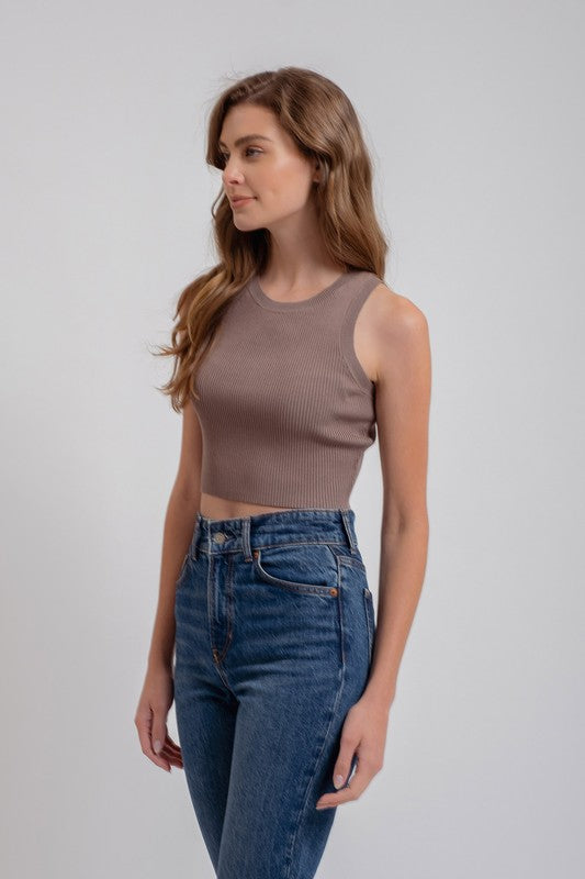 Sleeveless Ribbed Knit Cropped Sweater Top Mocha